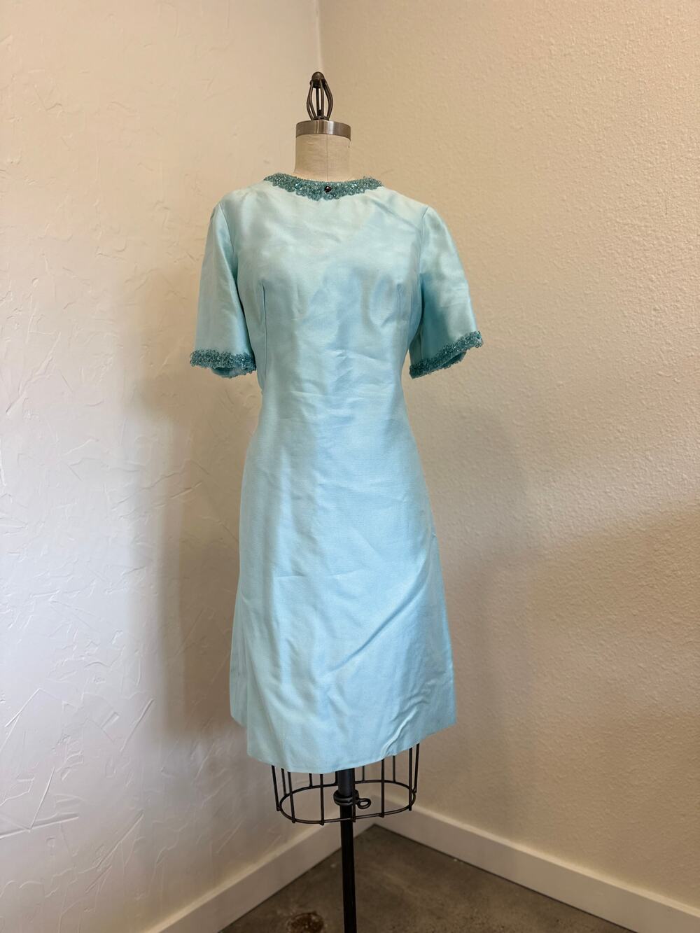 Vintage Women’s Large Aqua Blue Beaded Shift Dress Satin Jewel Trim